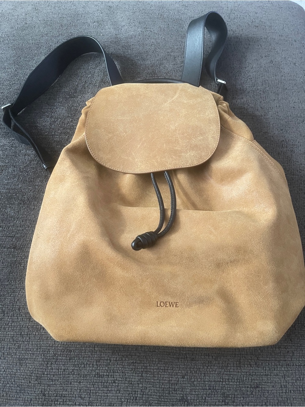 Loewe Tan Suede Drawstring Backpack with Black Straps